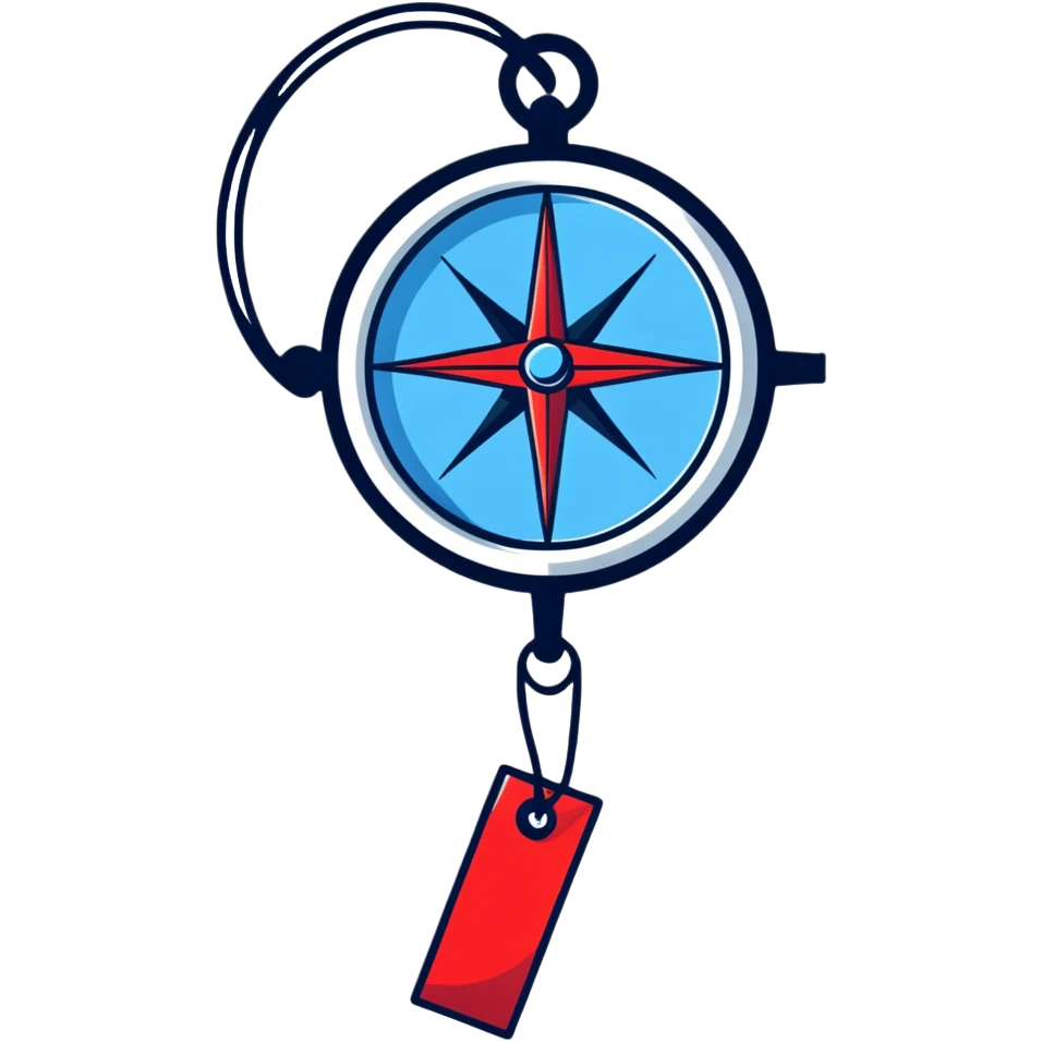 iOS compass with blue and red north/south markers hanging by a white ribbon emoji