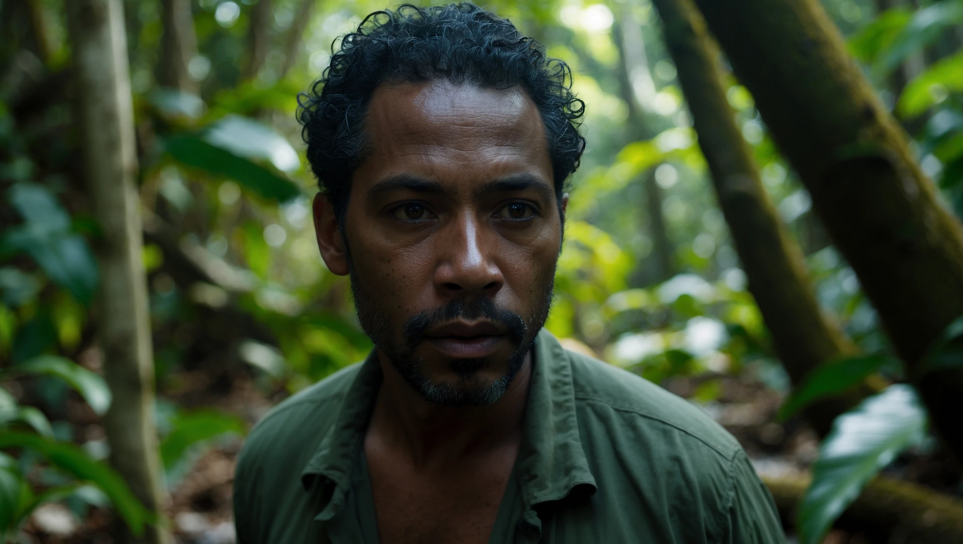 cinematic still, documentary photography, amazon jungle, well lit scene, man is exploring the jungle, close up, front shot emoji