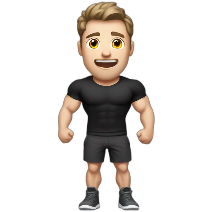amazed Open with surprise mouth Pale skinned Fit Man With the biceps and dark brown hair in black shirt, gray sports shorts and white Sneakers emoji
