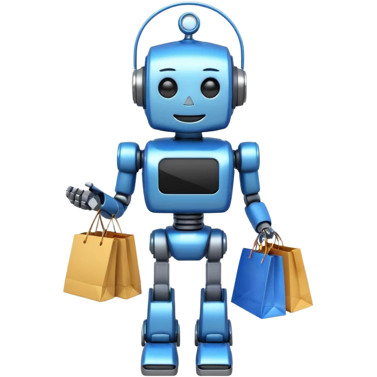 black friday robot with blue and metalic colours with bags in his hands smiling emoji