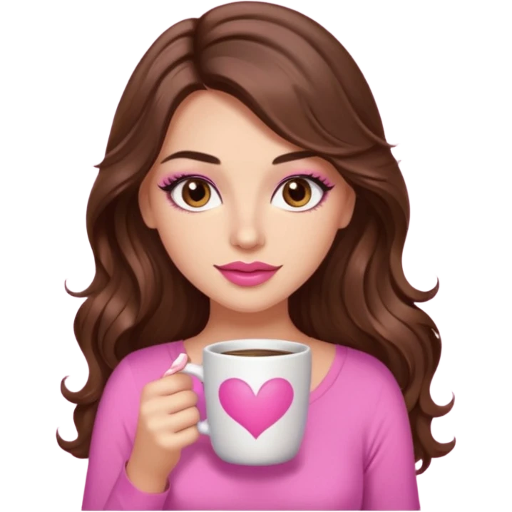girl with long wavy brown hair, brown eyes, long lashes makeup,sexy pink lips, light to medium complexion, pink sexy top, with a coffee mug emoji