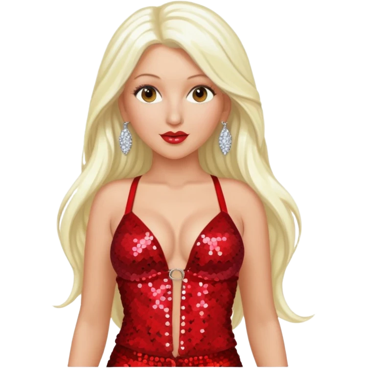 Christina Aguilera with platinum blonde long hair, red sequin bra, red sequin baggy pants emoji