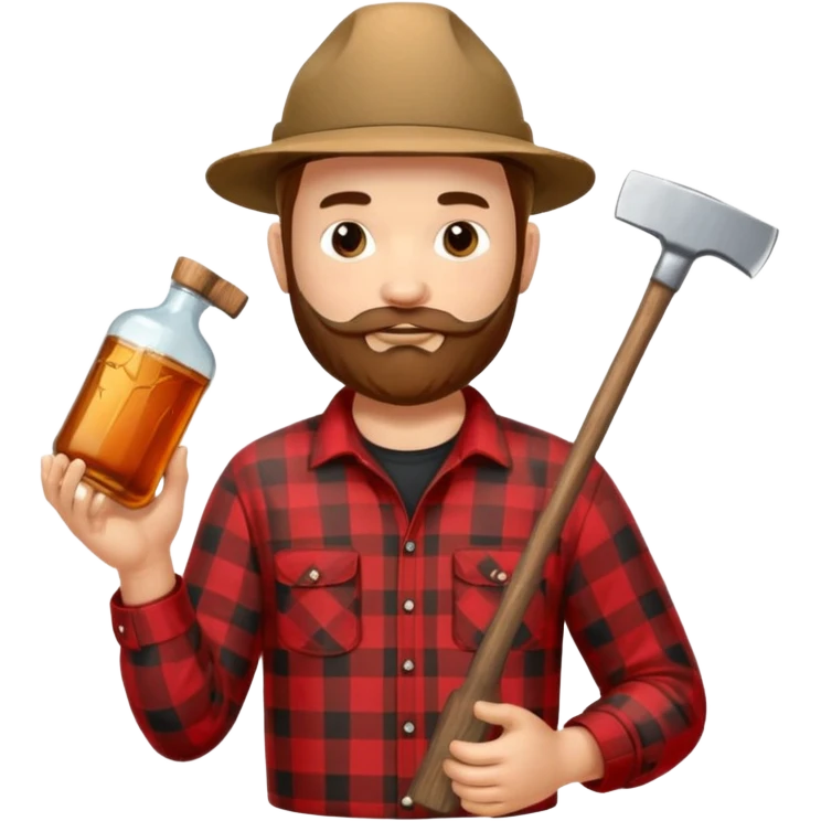 I want a Canadian lumberjack wearing a red and black plaid shirt drinking maple syrup out of the maple syrup bottle and holding a axe in the other emoji