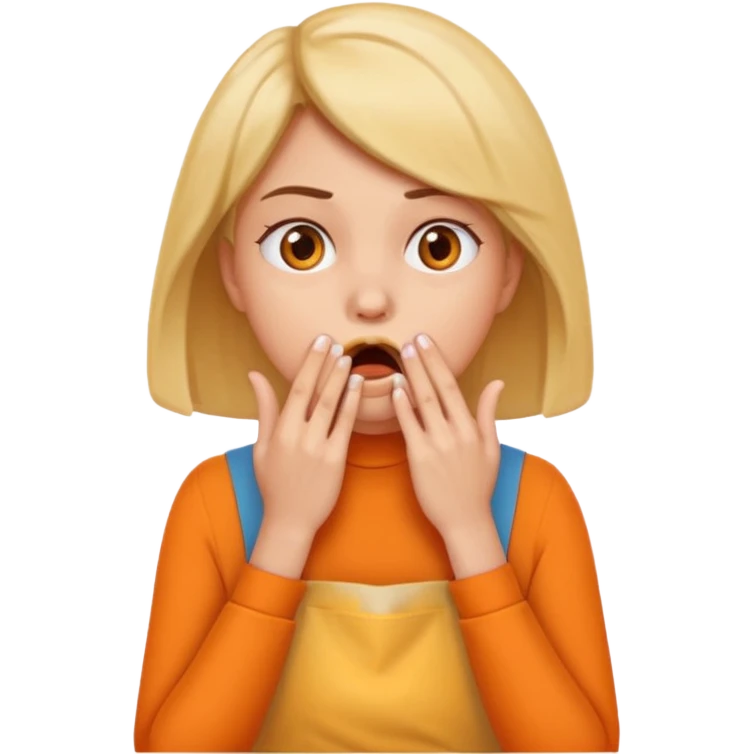 scared woman with her hands on her mouth, emoji style, more details, sideways pose, orange apron, different pose emoji