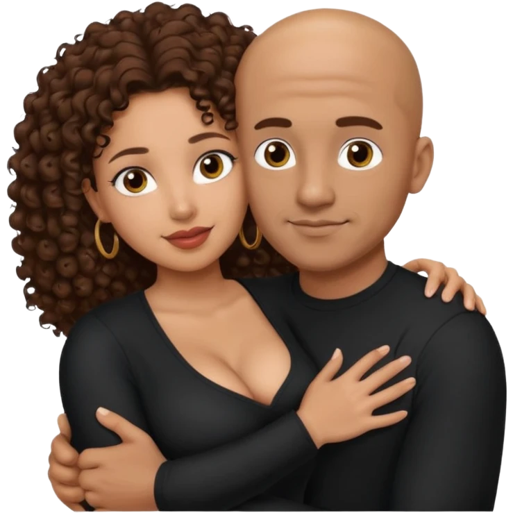 A mixed girl with small eyes, the girl is wearing a black shirt, the girl has brown curly hair and the girl has big boobs. A Mexican man is embracing her, with bald hair and clean shaven emoji