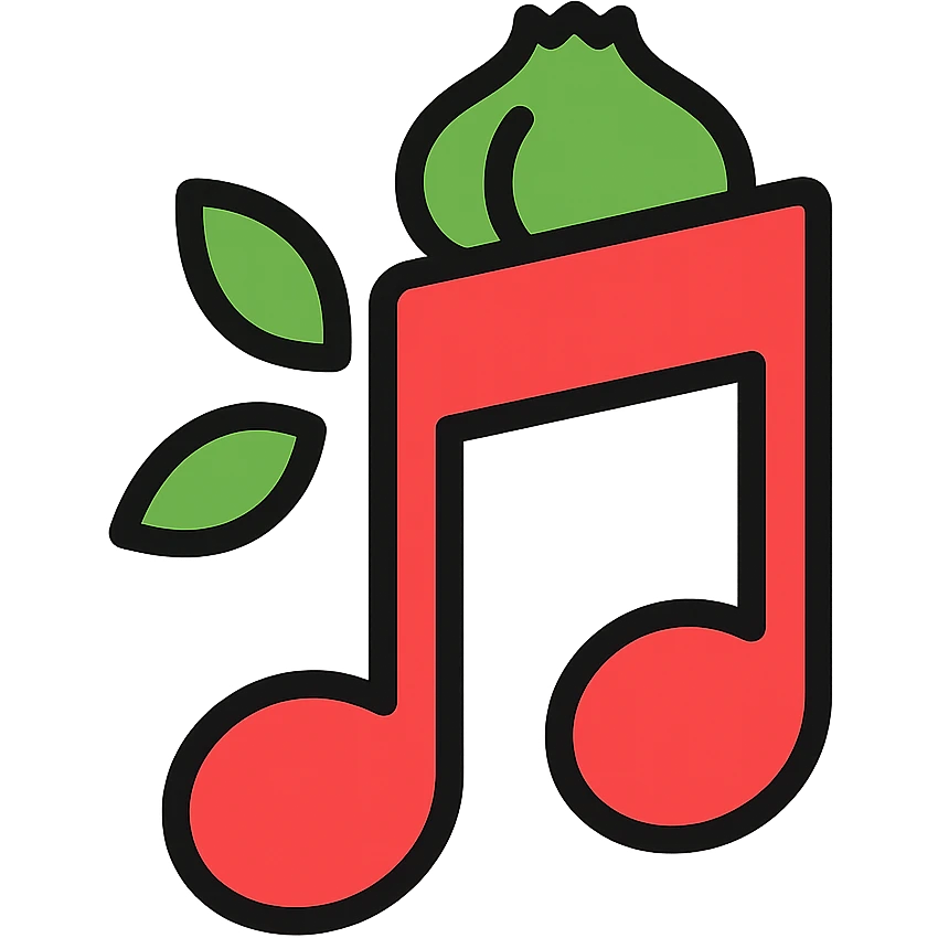 flat design bold red music note symbol with Bulbasaur ears and bulb, minimal app icon emoji
