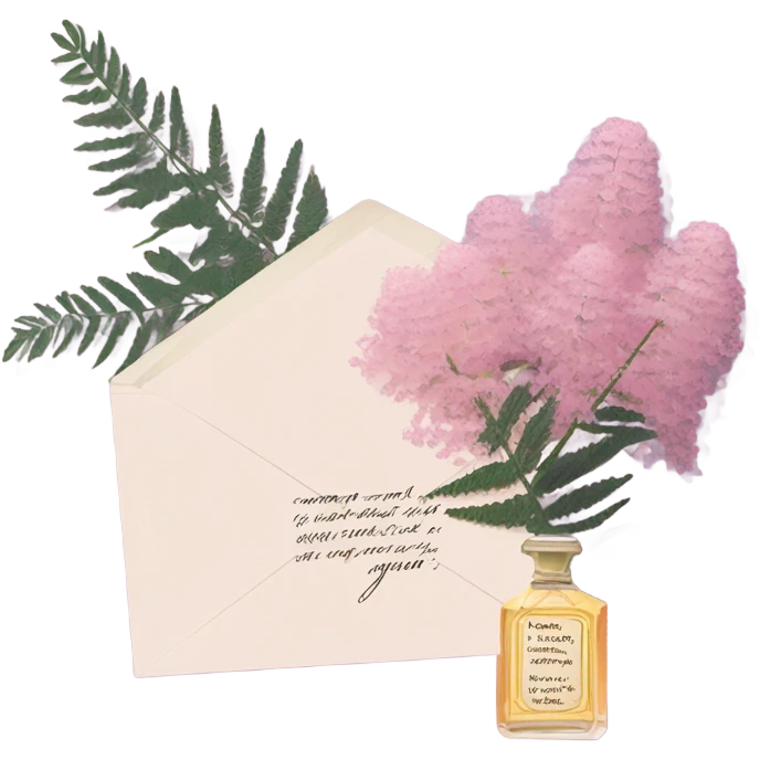 Aesthetic still life of soft pink mimosa flowers, a vintage-style purple perfume bottle, and a love note delicately placed in an envelope.
 emoji