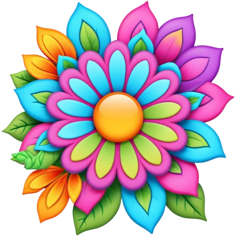 3D, psychedelic colored hippie style flower border  emoji
