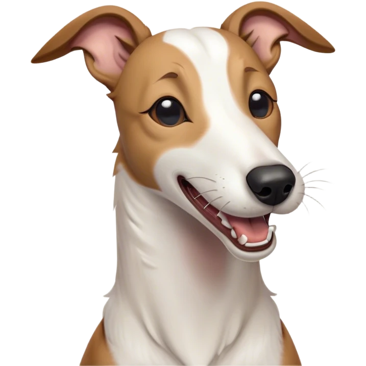 Cinematic Cute Yawning White and Brown Greyhound Portrait Emoji, Head tilted slightly with a dramatic, wide-open yawn, showcasing a pristine white Fur with bold brown markings, floppy ears slightly drooping, round eyes barely open in drowsy contentment, Simplified yet irresistibly adorable features, highly detailed, glowing with a soft, cozy glow, high shine, relaxed yet expressive, stylized with a touch of whimsy, bright and endearing, soft glowing outline, capturing the essence of a sleepy yet affectionate companion, so drowsy it feels like it could stretch out of the screen and curl up for a nap! emoji