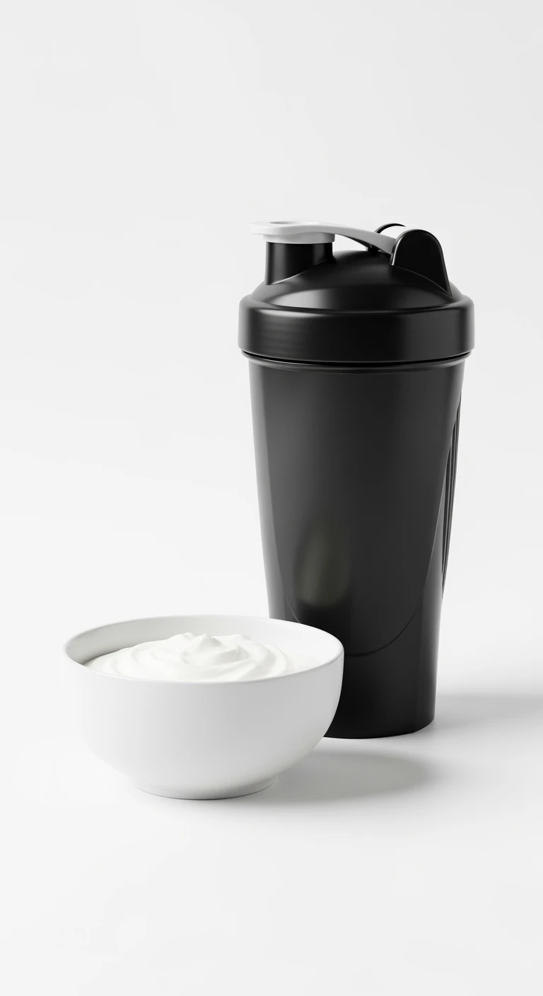 SHAKER PROTEICO E BOWL DI YOGURT GRECO, iperrealistico 4k, ISOLATA SU SFONDO BIANCO emoji