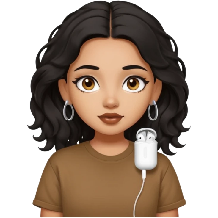 a pretty FAIR indian bratz girl with wavy long black hair, wearing an oversized brown tshirt,wearing airpods, eyeliner on emoji