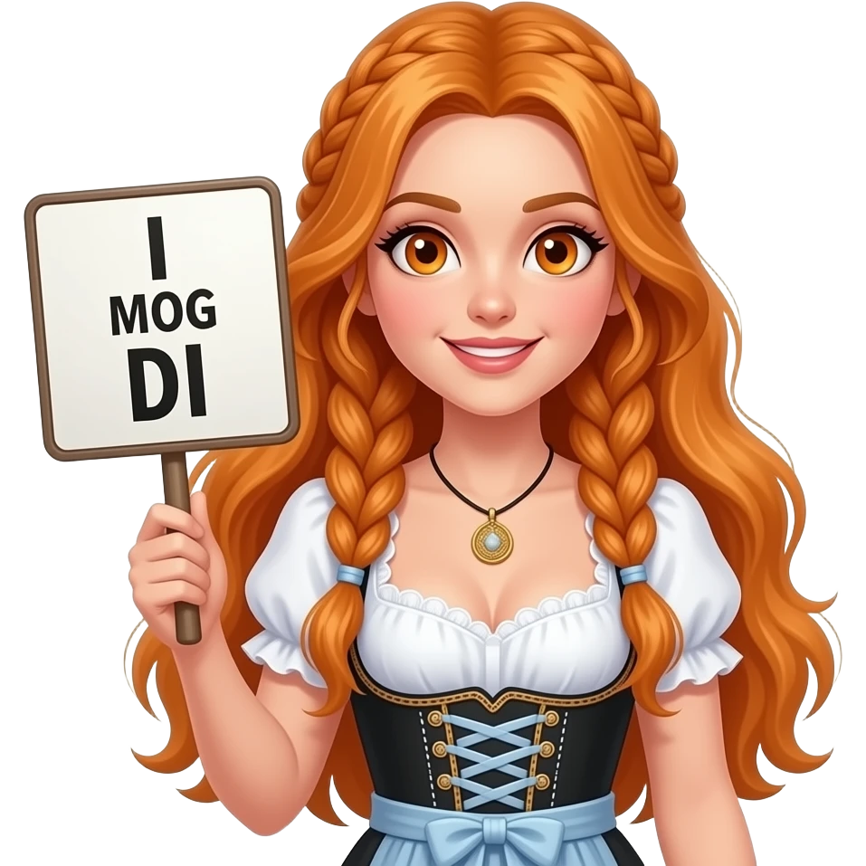 sexy girl with overlong ginger hair in braids and ginger eyes wearing a dirndl holding a I MOG DI sign emoji