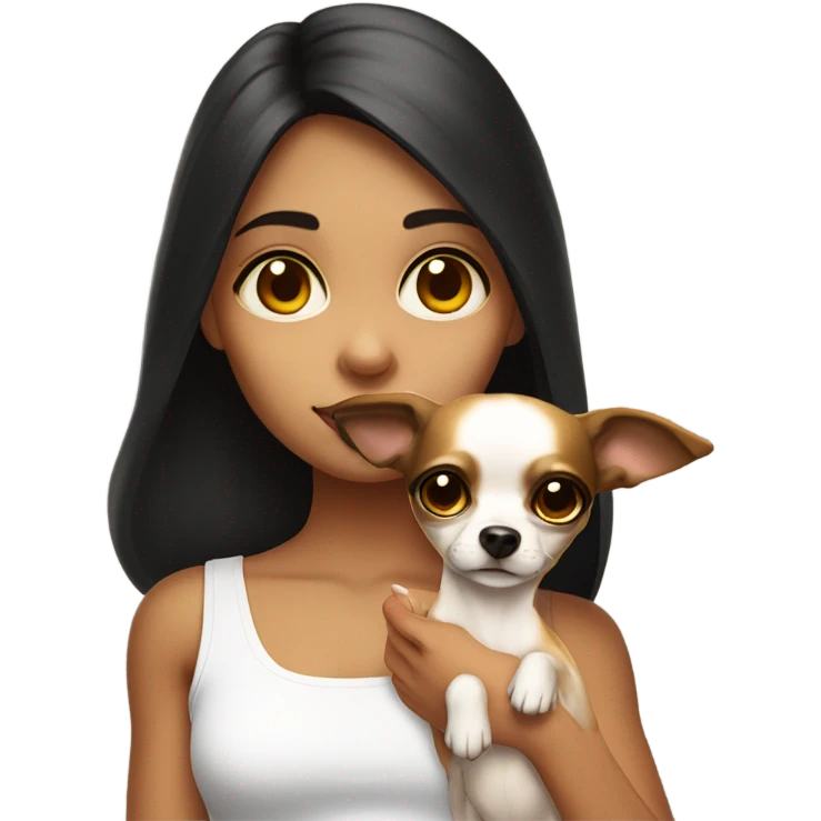 A girl with long very dark brown hair, big brown eyes, very big lips wearing a white singlet top, she is holding a small very chihuahua that is solid yellow emoji