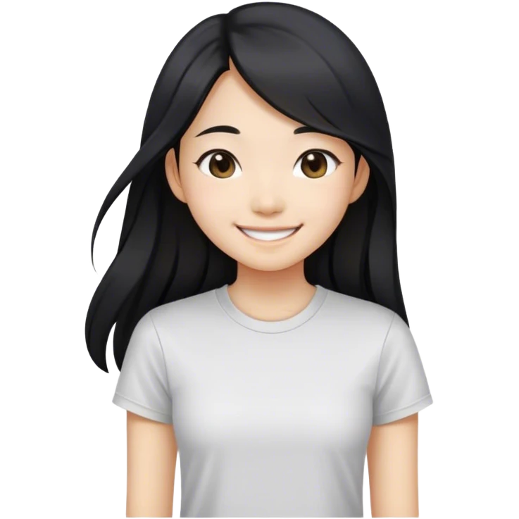 an asian girl smiling with straight black and long hair, slight waves, tshirt emoji