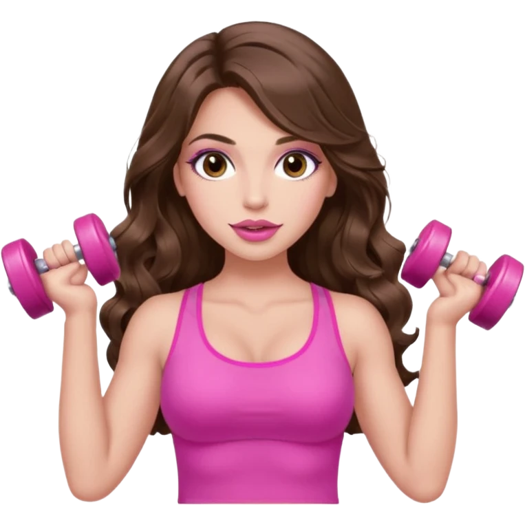 girl with long wavy brown hair, brown eyes, long lashes makeup, sexy pink lips, light to medium complexion, wearing a pink sexy top, lifting a pink dumbells emoji