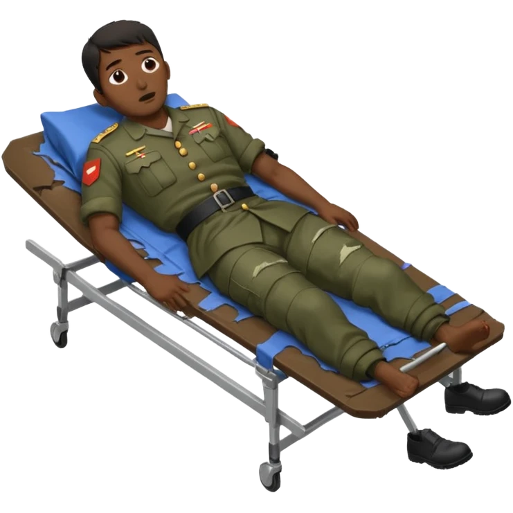 
a man of oriental appearance, dressed in torn clothes, full length, unconscious, in a prone position, with injuries on a black military stretcher, 1980 emoji