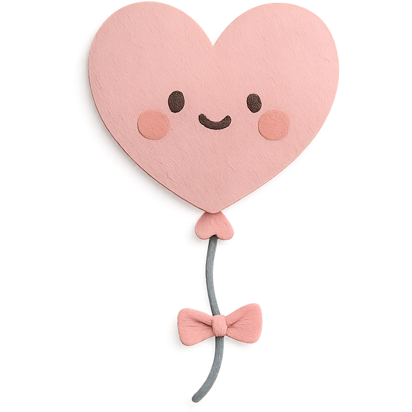 soft pastel pink heart balloon floating with tiny kawaii face, no arms, no legs, full body, soft pastel kawaii paper craft style emoji