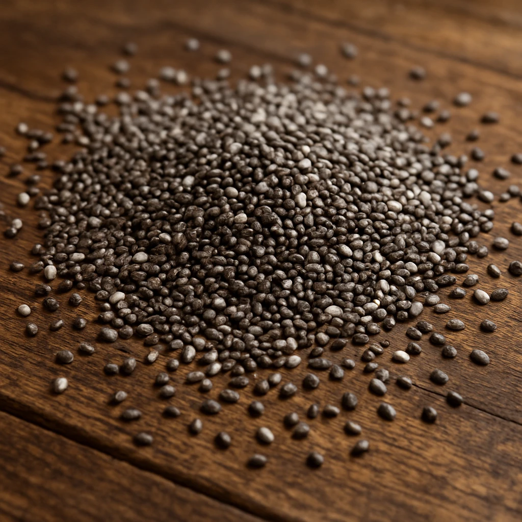 chia seeds, photorealistic, seeds scattered on a wooden table emoji