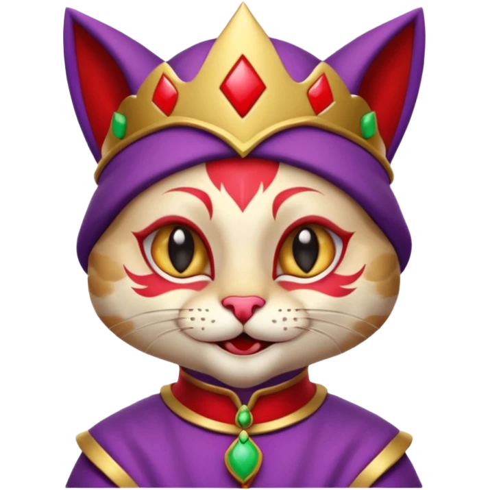 crazy colorful cute little cat jolly joker from poker, medieval, vintage, court jester, mac os icon, purple and red color, gold inserts, half body emoji