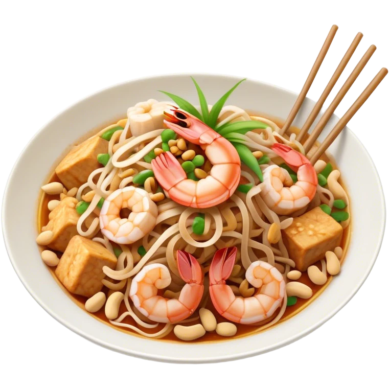 Cinematic Realistic Pad Thai Dish Emoji, depicted as stir-fried rice noodles with shrimp, tofu, peanuts, and bean sprouts rendered with vibrant textures and dynamic, appetizing lighting. emoji