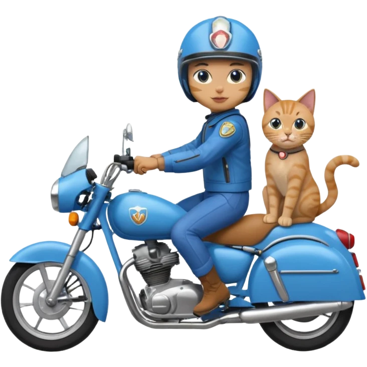 Generate a cat riding a blue motorcycle with a human emoji