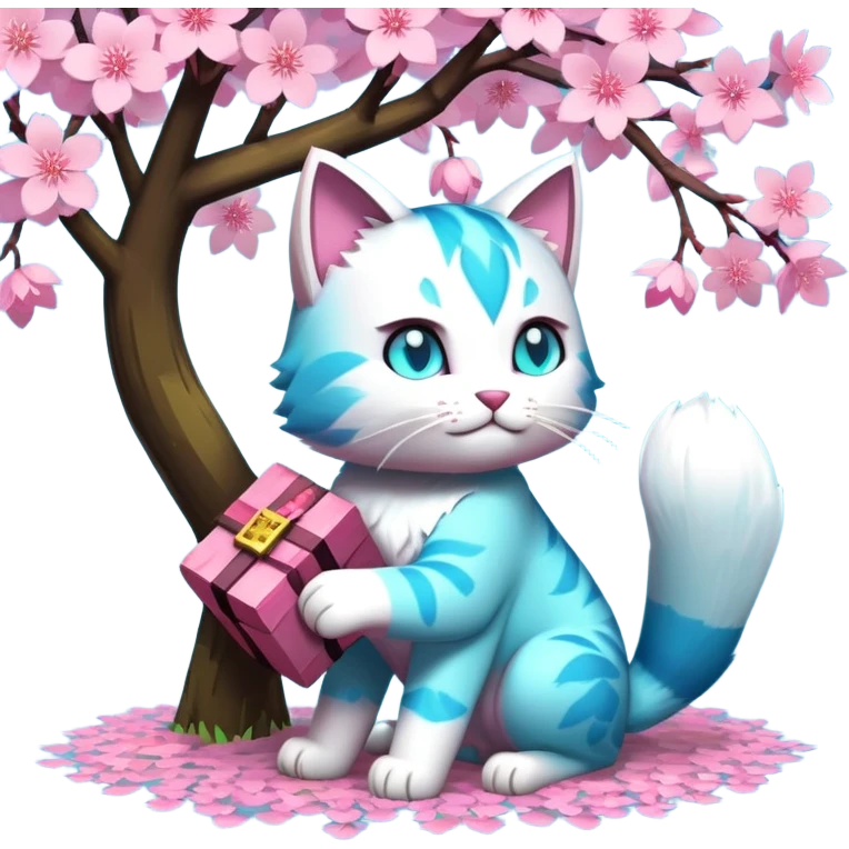 Cyan cat hold TNT from the game Minecraft standing under the sakura tree  emoji
