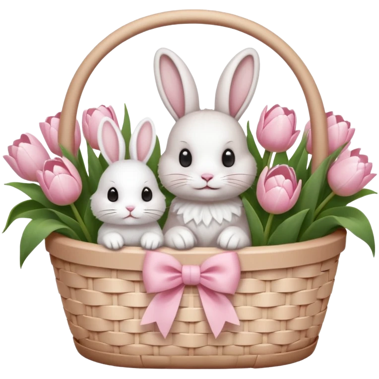 A white Picnic basket with light pink bow, white peonie, tulips and a white rabbit inside emoji
