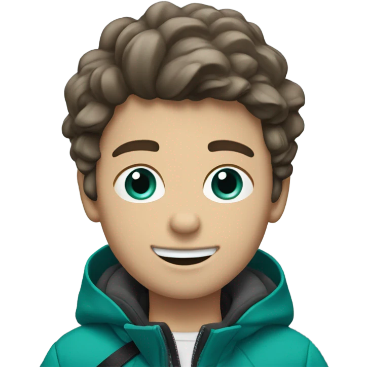 Boy skiing with teal color skis. He has brown wavy hair. He is wearing black pants. And a gray coat jacket emoji