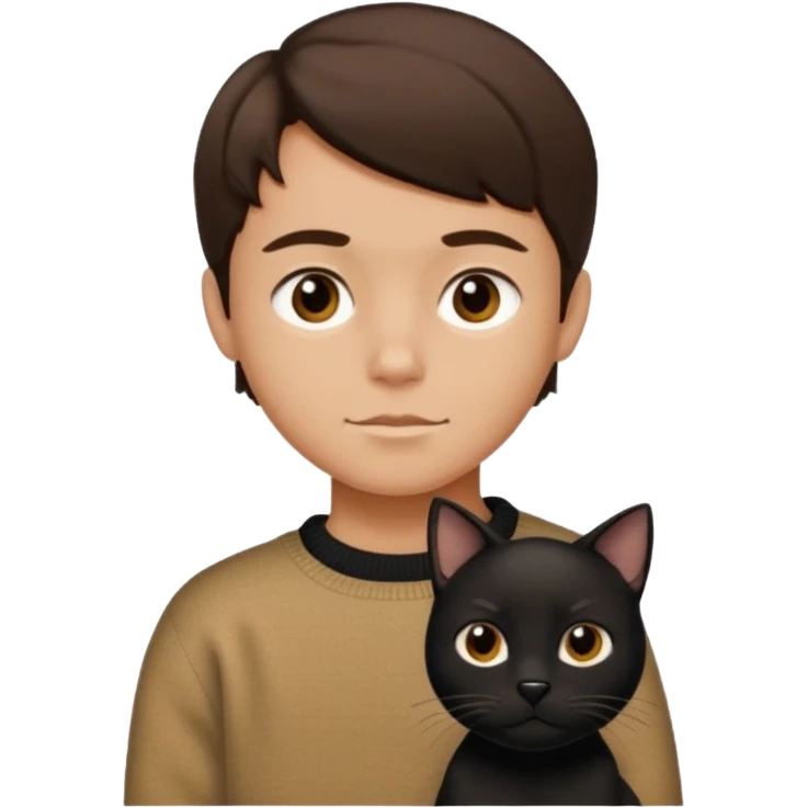 simplified kid with chiseled jawline, brown eyes, flat brown hair, vintage sweater, with black dog and black cat in Apple emoji style emoji
