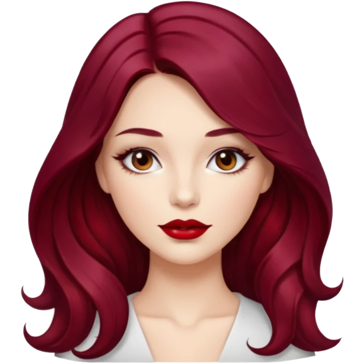 Draw a young glamorous woman with LONG dark burgandy cherry hair in a centre hair part styled slightly wavy emoji