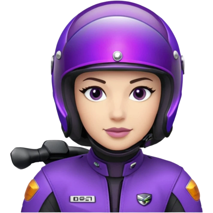 Créer un emoji avec une moto mt07 sport noir mate / violet iridescent très foncé, pare-brise de la moto violet. Avec une pilote dessus visière violet sombre visage caché . Avec fond arrière violet en arrière plan. emoji
