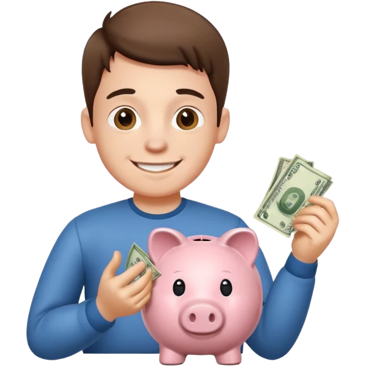 A young guy puts money in a piggy bank. emoji