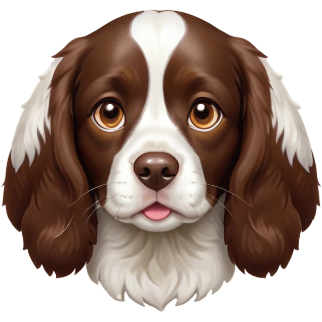 Cinematic Cute Springer Spaniel Portrait Emoji, Head tilted playfully and inquisitively, featuring a vibrant Fur of liver and white with a natural sheen, round, sparkling brown eyes filled with curiosity, Simplified yet irresistibly adorable features, highly detailed, glowing with a warm, friendly glow, high shine, affectionate and lively, stylized with a touch of whimsy, bright and endearing, soft glowing outline, capturing the essence of a mischievous yet loving pup, so playful it feels like it could frolic out of the screen and into your arms! emoji