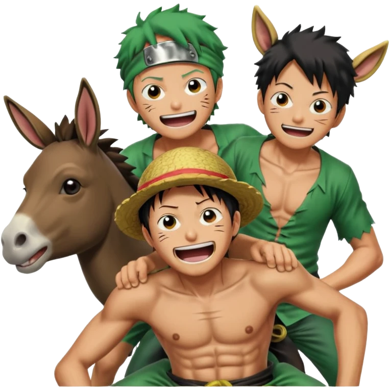 Luffy is riding on Zoro's back, and Zoro looks hilariously like the donkey. Zoro looks angry, and Luffy is laughing. The whole scene is very funny. emoji