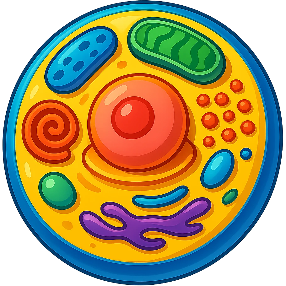 Make the cell and organelles more 3D and vibrant stylized illustration, remove the background, with bright colors and dynamic shading in a vibrant toon style. emoji