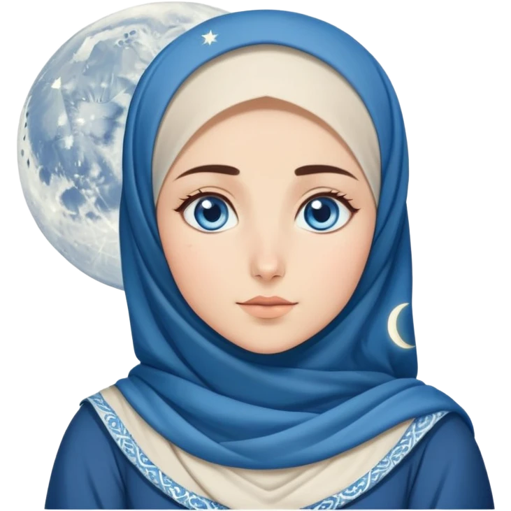 Turkish beautiful finish Konya girl blue eyes with moon hijab dress and watching the moonlight sky on the ground  emoji