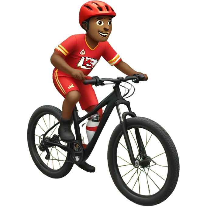 Kid in chiefs gear riding black mountain bike emoji