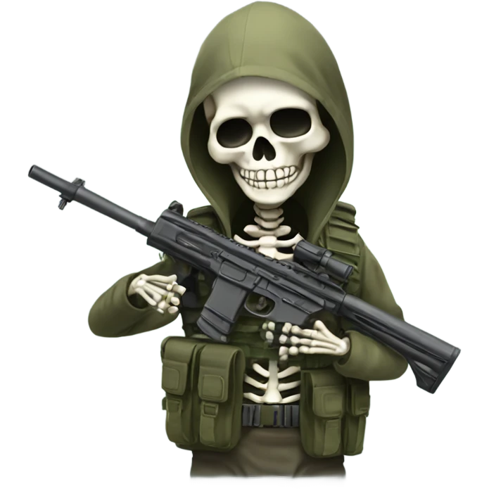 Skeleton with military vest pretending to hold fake sniper emoji