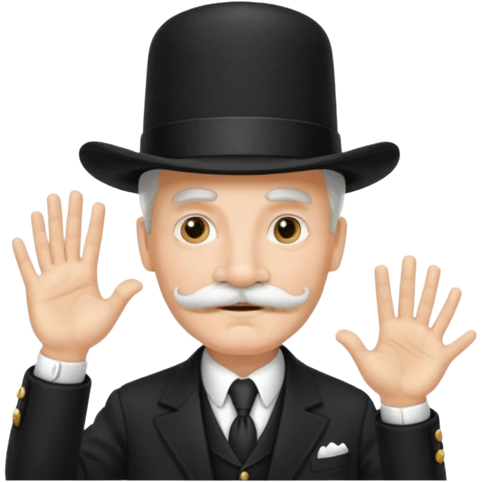 very big white moustachhe and typical 1900 black elegant clothes and hat . politician pose uses hands emoji