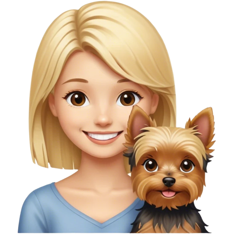 blonde girl smiling with  Yorkshire Terrier emoji
