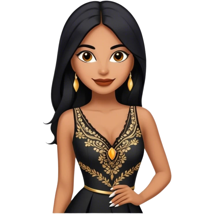 beautiful fit woman, with long straight black hair, with make up, black eye liner, smile mooth close, mexican, brown skin, wearing beautiful couture outfit, flirting emoji