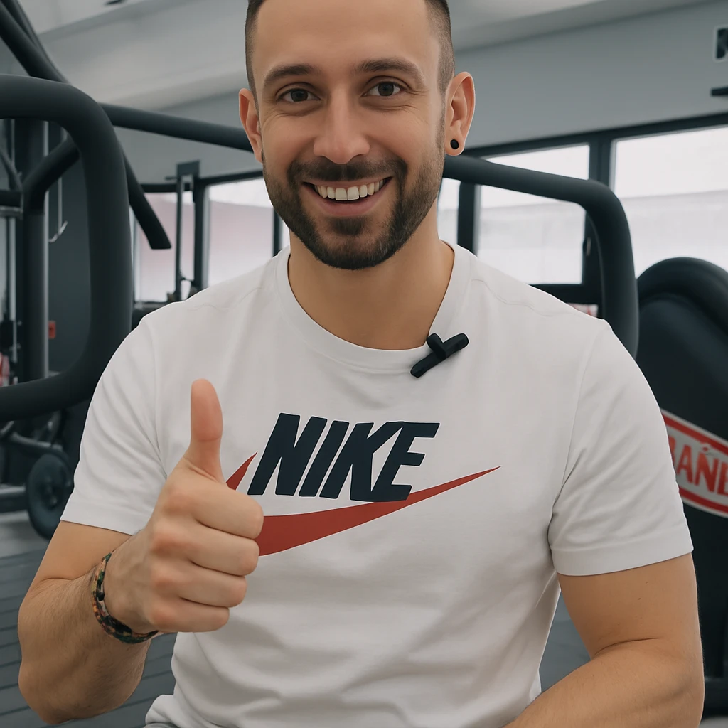 The man in the photo is making the OK gesture with his thumb up, showing a positive expression, in a gym environment, photorealistic style. emoji