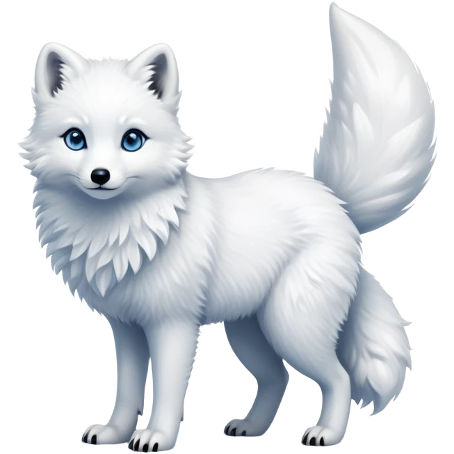 cinematic-arctic-fox-realistic-full-body-standing-emoji,-fluffy-tail-curled-slightly-around-its-paws,-thick-pure-white-fur-blending-into-the-snowy-landscape,-head-tilted-dramatically,-bright-blue-eyes-glistening-with-intelligence,-simplified-yet-realistic-focused-features,-highly-detailed,-glowing-with-an-almost-sarcastic-glow expressive eyes emoji