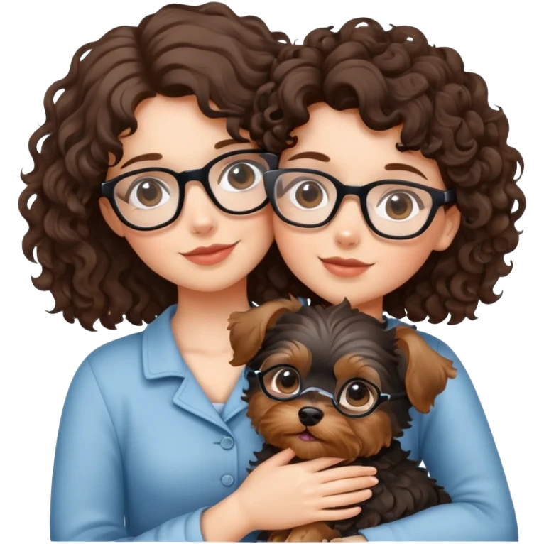 Brunette girl with glasses and curly hair embracing a yorkshire terrier puppy emoji