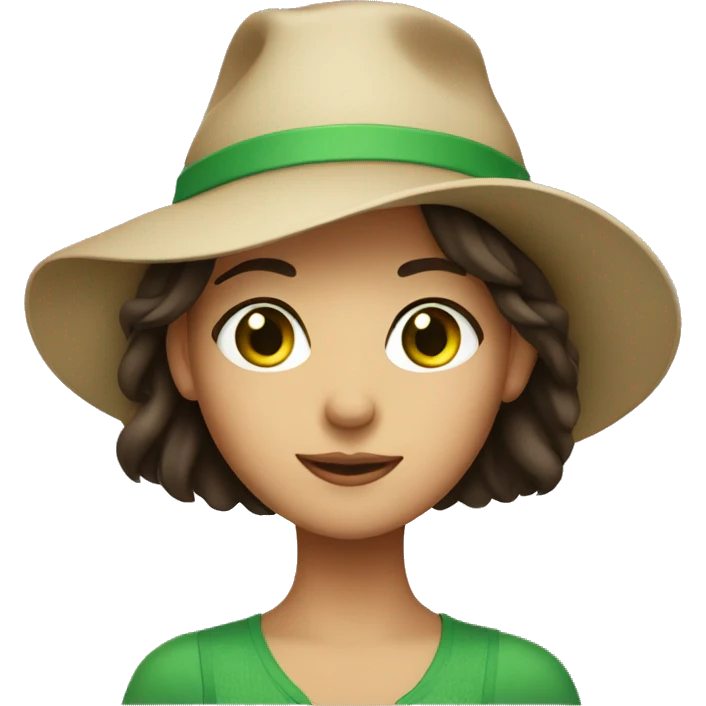 Brunette woman with green eyes wearing a cute hat emoji