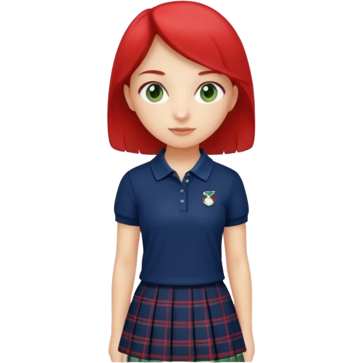 School uniform with navy polo shirt and navy plaid skirt with green white and red  emoji