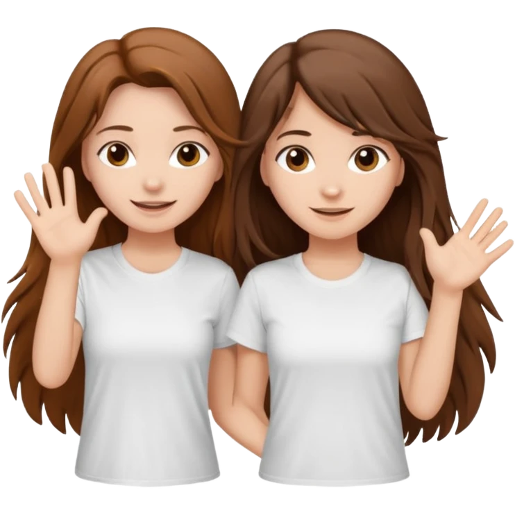 clean girl say hi to each other, she have a long brown hair a little messy and wearing white t-shirt emoji
