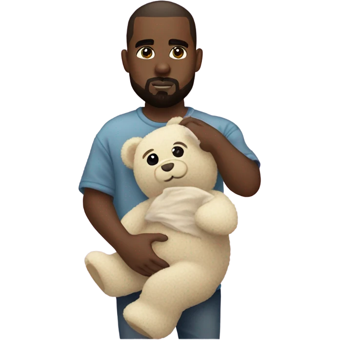 Kanye West holding a teddy bear with rainbow eyes emoji