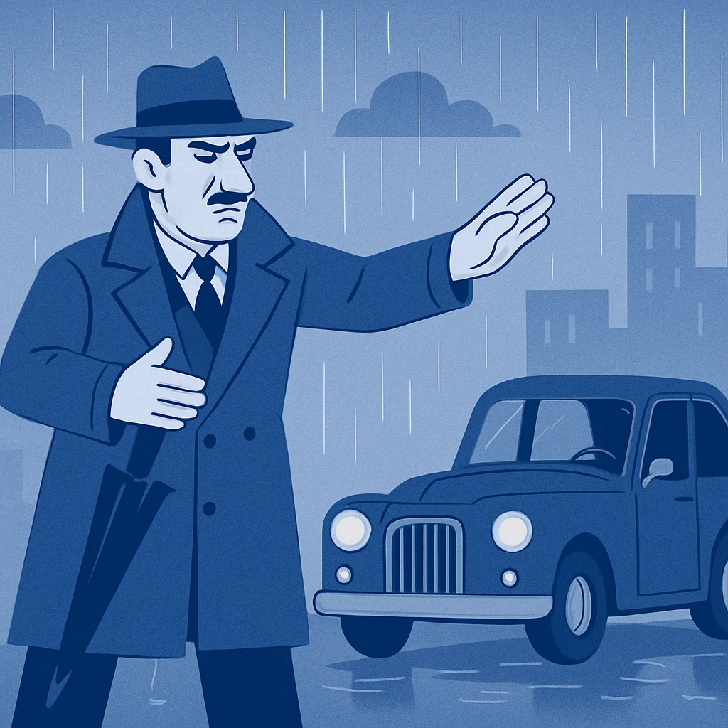 Italian gangster in long suit guiding a car in the rain emoji