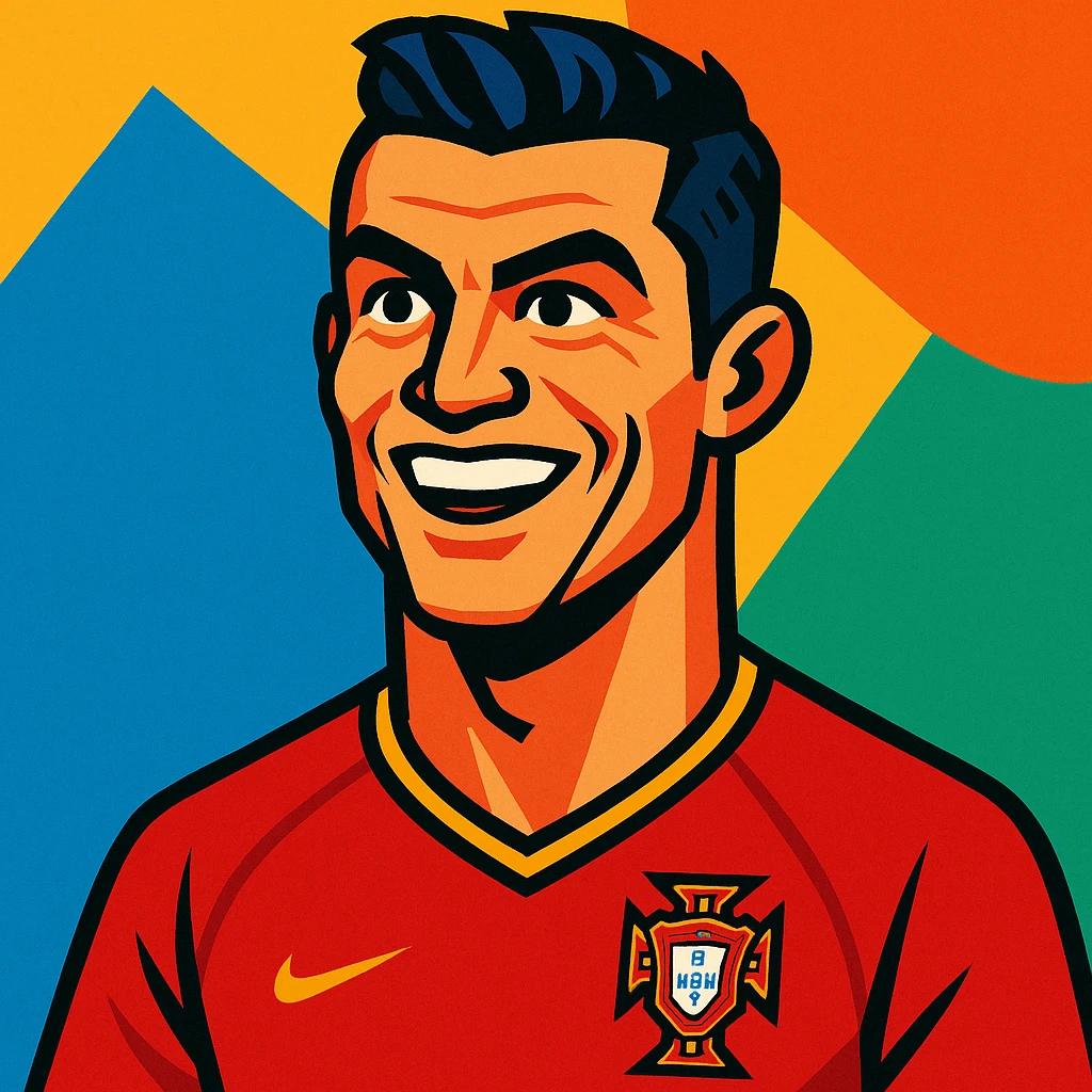 Cristiano Ronaldo, football star, cartoon style, vibrant toon illustration emoji